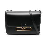 Zwarte Leren Schoudertas met Logo Emporio Armani , Black , Dames