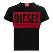 Zwart T-shirt met Semi-transparante Print Diesel , Black , Dames