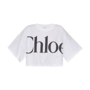 Witte Katoenen Crop Top met Logo Chloé , White , Dames