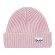 Lila Wol Rib Beanie Hoofddeksel Ganni , Pink , Dames