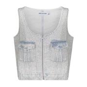 Rhinestone Embellished Denim Top Self Portrait , Blue , Dames