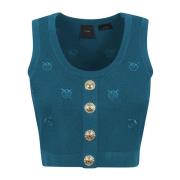 Blauwe Mouwloze Top met Gouden Knopen Pinko , Blue , Dames