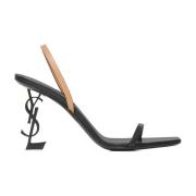 Zwarte Leren Logo Hak Sandalen Saint Laurent , Black , Dames