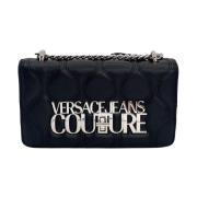 Zwarte Leren Logo Lock Tas Versace Jeans Couture , Black , Dames