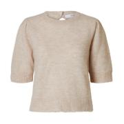 Open Back Knit O-Neck Sweater Selected Femme , Beige , Dames