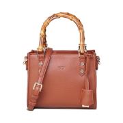 Leren Handtas met Bamboe Handvat V73 , Brown , Dames