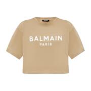 Korte T-shirt met bedrukt logo Balmain , Beige , Dames