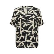 V-hals Top: Abstract Bloemenpatroon Only Carmakoma , Black , Dames