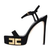 Zwarte Plateau Sandalen met Gouden Logo Elisabetta Franchi , Black , D...