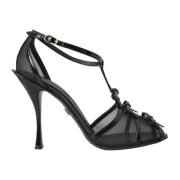 Zwarte Mesh T-Strap Hoge Hak Sandalen Dolce & Gabbana , Black , Dames