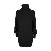 Geruite Geribbelde Coltrui Jurk YES ZEE , Black , Dames