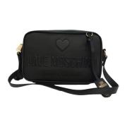 Zwarte leren schoudertas met reliëf logoprint Love Moschino , Black , ...