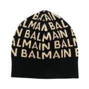 Allover Logo Beanie Wol Kasjmier Mix Balmain , Black , Heren