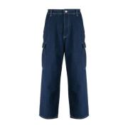 Blauwe Cargo Jeans Logo Geborduurd Pop Trading Company , Blue , Heren