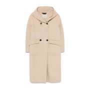 Dubbel-Breasted Hooded Beige Wollen Jas Paltò , Beige , Dames