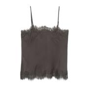 Satin Square Neck Lace Trim Top Gold Hawk , Gray , Dames