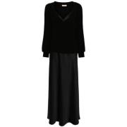 Zwarte Satijnen Jurk V-hals Onderjurk Twinset , Black , Dames