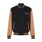 Zwarte wollen jas met geborduurd logo Balmain , Black , Heren