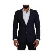 Blauwe Wol Slim Fit Formele Blazer Dolce & Gabbana , Blue , Heren