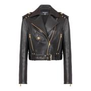 Leren bikerjack met rits Balmain , Black , Dames