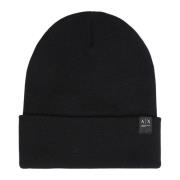 Zwarte Wollen Blend Logo Beanie Hoed Armani Exchange , Black , Heren