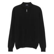 Wol Zijde Polo Half Zip Shirt Barba , Black , Heren