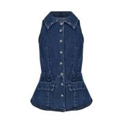 Denim Vest met Kraag en Zakken Self Portrait , Blue , Dames