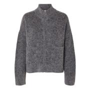 Grijze Cardigan met Rits, Hoge Hals en Oversized Zakken Selected Femme...