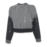 Paillet Ronde Hals Sweater Grijs/Zwart Kaos , Gray , Dames