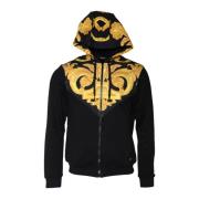 Zwarte Katoenen Full Zip Hoodie Sweatshirt Versace , Black , Heren