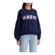 Logo Crewneck Sweatshirt met Kwaststreek Effect Marni , Blue , Dames