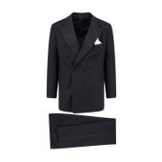 Peak Lapel Double-Breasted Wool Smoking Kiton , Black , Heren