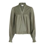 Katoenen Voile Smok Blouse Neo Noir , Green , Dames