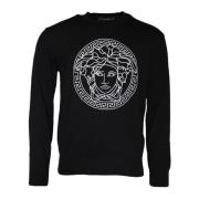 Geborduurde Crew Neck Katoenen Trui Versace , Black , Heren