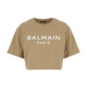 Stijlvol Beige Katoenen T-shirt Balmain , Beige , Dames