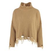 Geribbelde gebreide coltrui met versleten details Pinko , Beige , Dame...