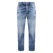 Versleten 5-pocket jeans met leren logo Dsquared2 , Blue , Heren