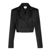 Korte Zwarte Blazer met Brede Kraag Gestuz , Black , Dames