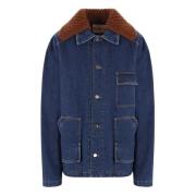 Blauwe Denim Gewatteerde Jas met Bruine Gebreide Kraag Plan C , Blue ,...