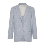 Blauw Geruit Patroon Zijde Blazer Brunello Cucinelli , Blue , Heren