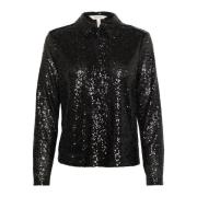 Pailletblouse met overhemdkraag Part Two , Black , Dames