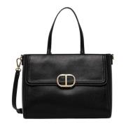 Zwarte Leren Shopper Tas Brera Twinset , Black , Dames