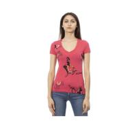 V-hals T-shirt met korte mouwen - Frontprint Trussardi , Pink , Dames