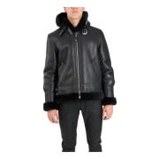 Shearling Leren Jas met Ritssluiting Schott NYC , Black , Heren