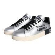 Zilver Zwart Leren Sneakers Rubberen Zool Dolce & Gabbana , Gray , Dam...