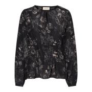 Zwart en wit abstract bloemenblouse Cream , Black , Dames