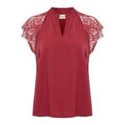 Kanten blouse met V-hals en kanten mouwen Cream , Red , Dames