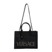 Canvas Leren Crossbody Tote Tas Versace , Black , Dames