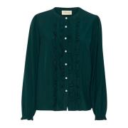 Ruche Mandarin Kraag Blouse Ponderosa Pine Cream , Green , Dames