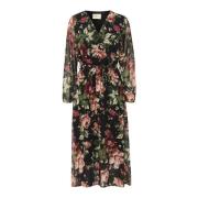 Zwarte Jurk Met Gouden Bloemen Cream , Multicolor , Dames